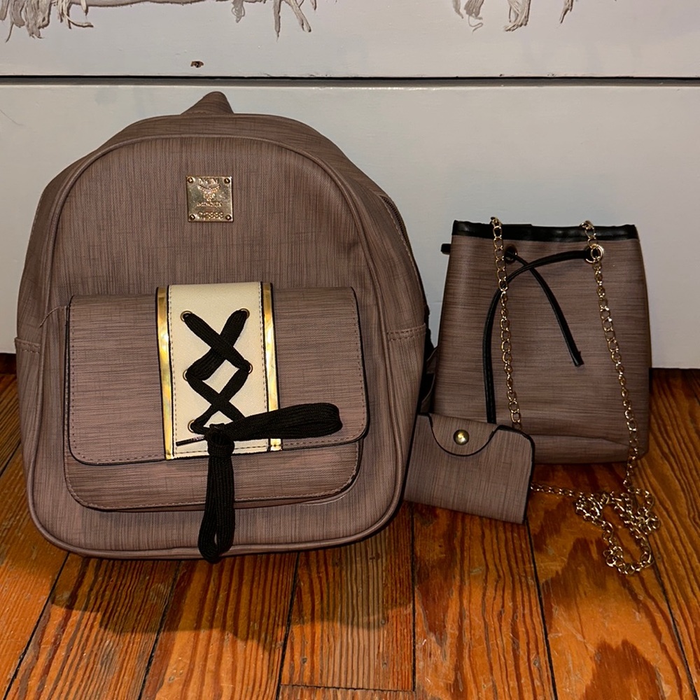 Taupe/Pink Backpack with Matching Shoulder Bag and Wallet